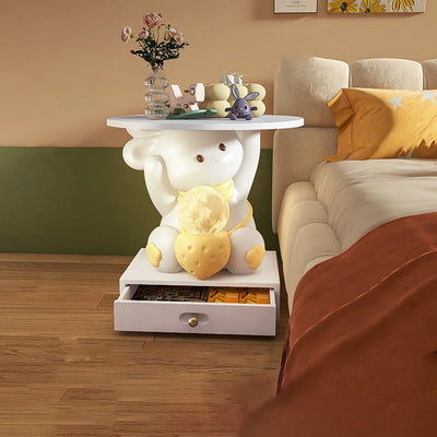 Modern Art Deco Kids Rabbit Round Plate Rectangular Drawer Resin Wood Enamel End Table 1-Drawer With LED Light For Bedroom