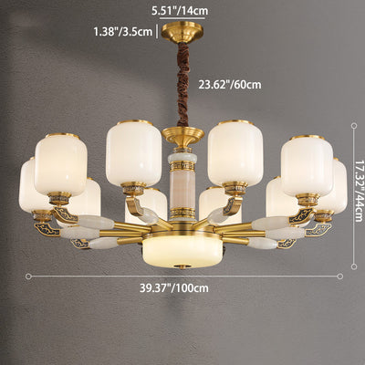 Traditional Chinese Cylinder Brass Jade Glass 6/8/10/15 Lights Chandelier For Living Room