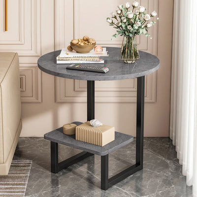 Contemporary Nordic Round Rectangular G Shape Plate Steel End Table 2-Tier For Living Room