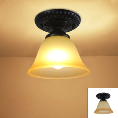 Contemporary Retro Floral Bell Round Iron Glass 1-Light Semi-Flush Mount Ceiling Light For Hallway