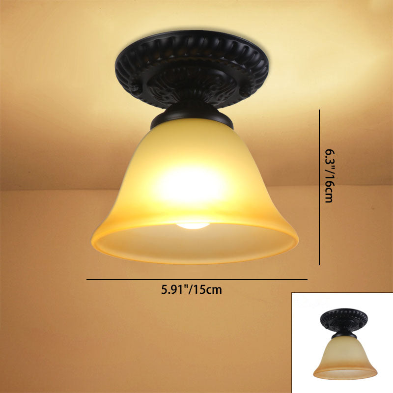 Contemporary Retro Floral Bell Round Iron Glass 1-Light Semi-Flush Mount Ceiling Light For Hallway