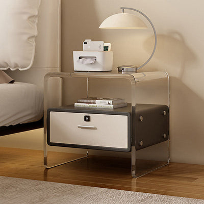 Modern Minimalist Cubic Rectangular Acrylic Wood Metal Nightstand 1-Drawer For Bedside