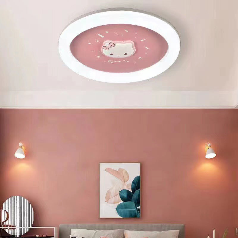 Modern Art Deco Kids Iron Resin Acrylic Round Meteor Shower Rocket Shield Kitty LED Flush Mount Ceiling Light For Bedroom