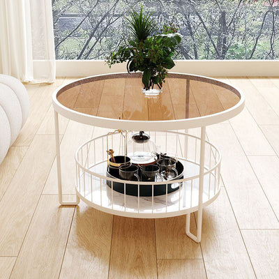 Modern Minimalist Round Tabletop Iron Tempered Glass Coffee Table 1-Shelf For Living Room