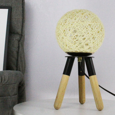 Contemporary Nordic Rattan Ball Wood Tripod 1-Light Table Lamp For Bedroom