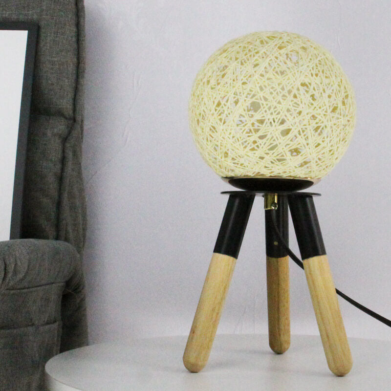 Contemporary Nordic Rattan Ball Wood Tripod 1-Light Table Lamp For Bedroom