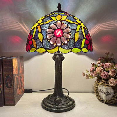 Traditional Tiffany Dome Flower Iron Glass 1-Light Table Lamp For Living Room