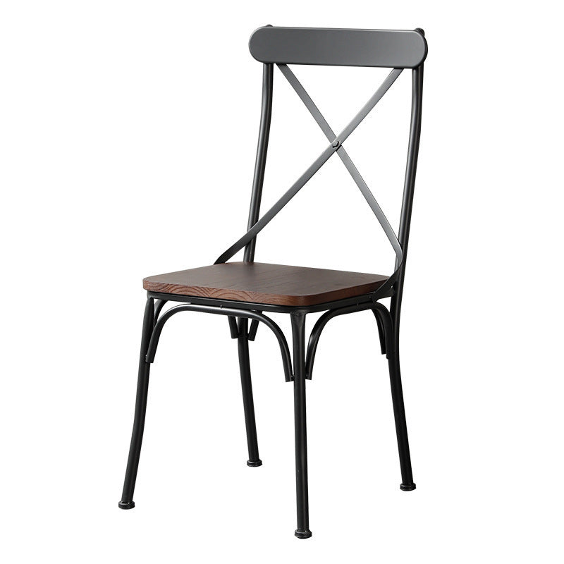 Contemporary Industrial Leather Wood Iron Square X Shape Back Dining Chair & Table Set For Dining Room