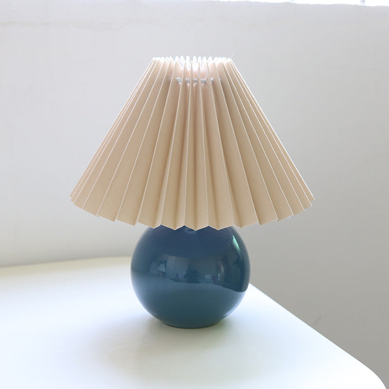 Contemporary Retro Pleated Fabric Round Ceramic Base 1-Light Table Lamp For Bedroom