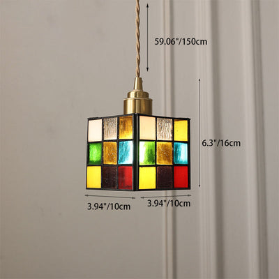 Traditional Tiffany Square Tulip Red Rose Rubik's Cube Brass Stained Glass 1-Light Pendant Light For Living Room