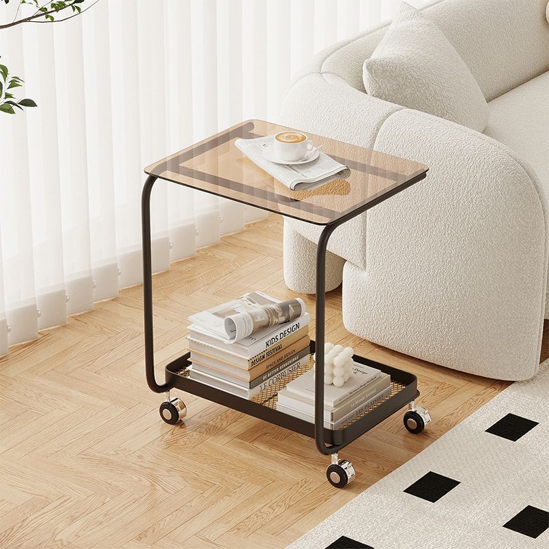 Contemporary Scandinavian C-Shaped Tempered Glass Top End Table 2-Tier Casters For Living Room