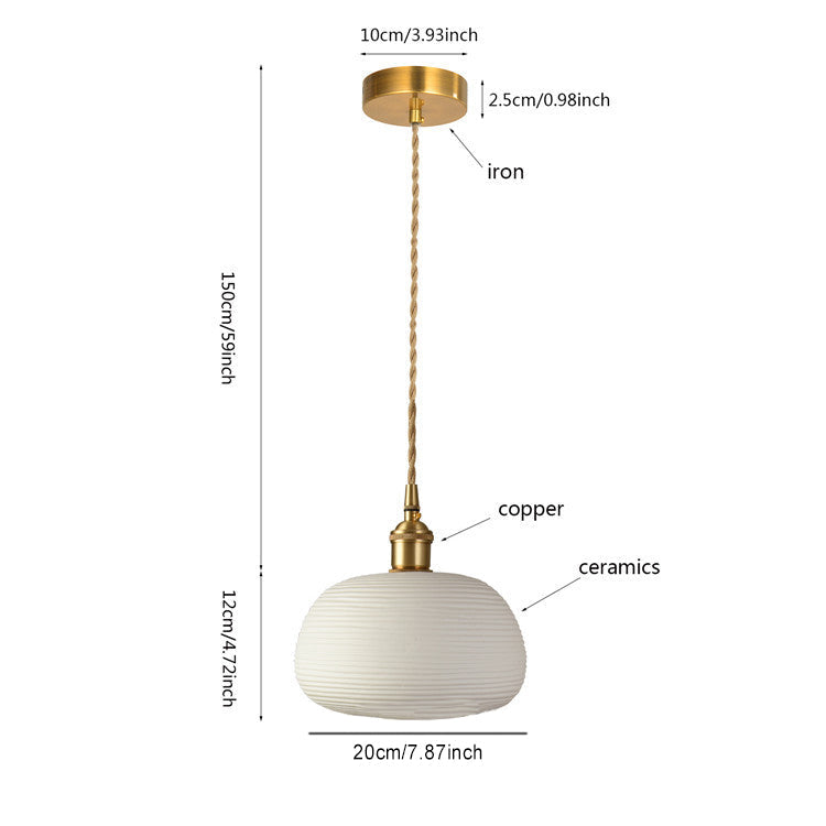 Contemporary Nordic Irregular Cylinder Stripe Ceramic Copper 1-Light Pendant Light For Living Room