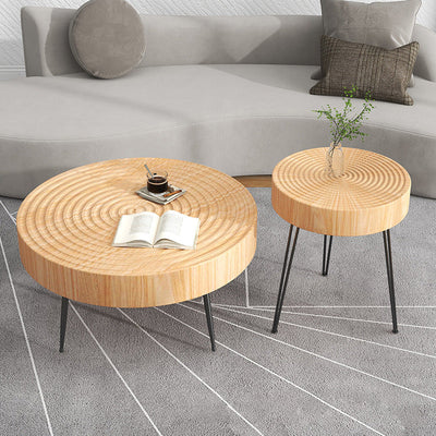 Modern Minimalist Round Annual Wood Stainless Steel Coffee Table For Living Room