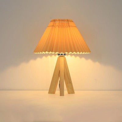 Modern Minimalist Trapezoid Tripod Pleated Fabric Shade Wood 1-Light Table Lamp For Bedroom