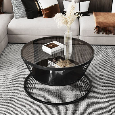 Modern Luxury Round Tempered Glass Coffee Table 2-Tier Storage Shelves For Living Room