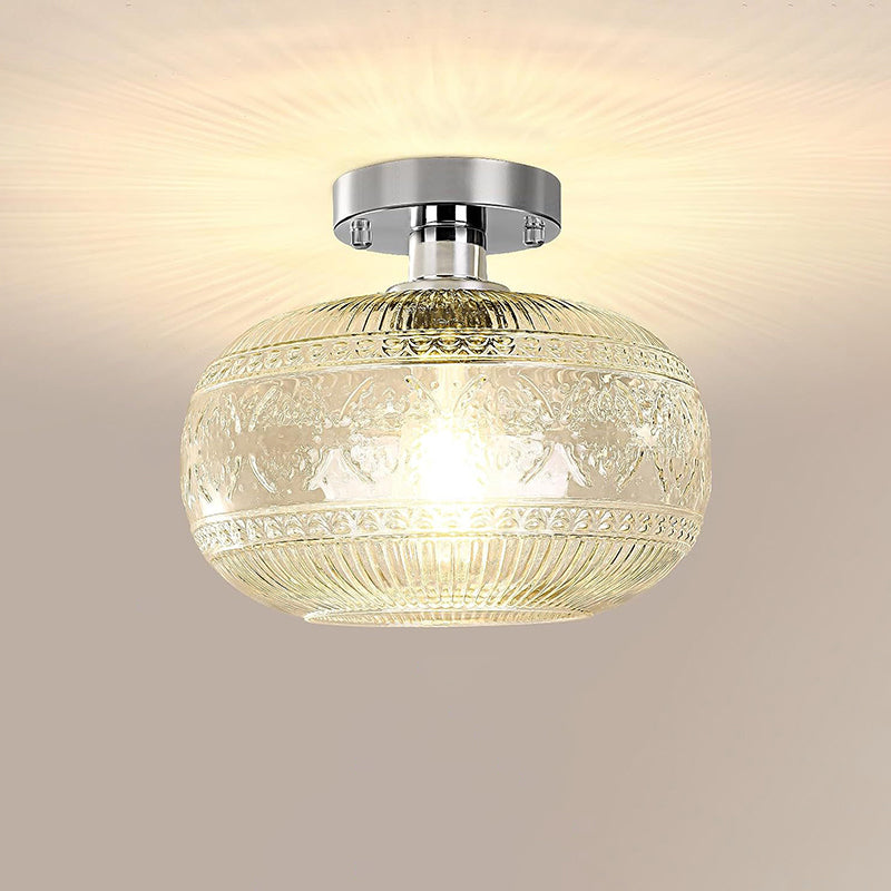 Modern Minimalist Round Patterned Spherical Glass Crystal Iron 1-Light Semi-Flush Mount Ceiling Light For Living Room