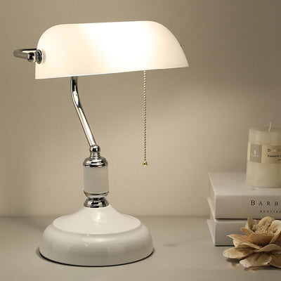 Traditional Chinese Rectangle Antique Bank Metal Glass 1-Light Table Lamp For Bedroom