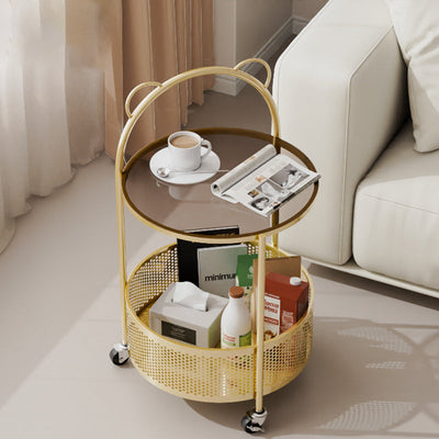 Contemporary Simplicity Round Glass Top Movable Side Table 2-Tier Storage Shelves For Living Room