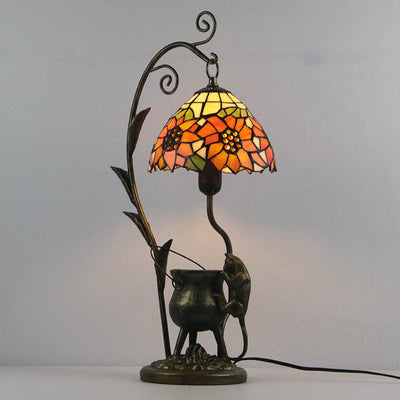 Traditional Tiffany Mouse Flower Resin Stained Glass 1-Light Table Lamp For Bedroom