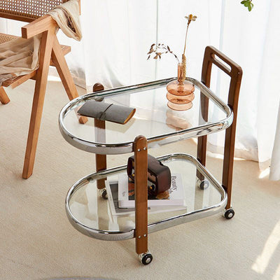 Traditional Japanese Removable Oval Wooden Stainless Steel Glass End Table 2-Tier For Living Room