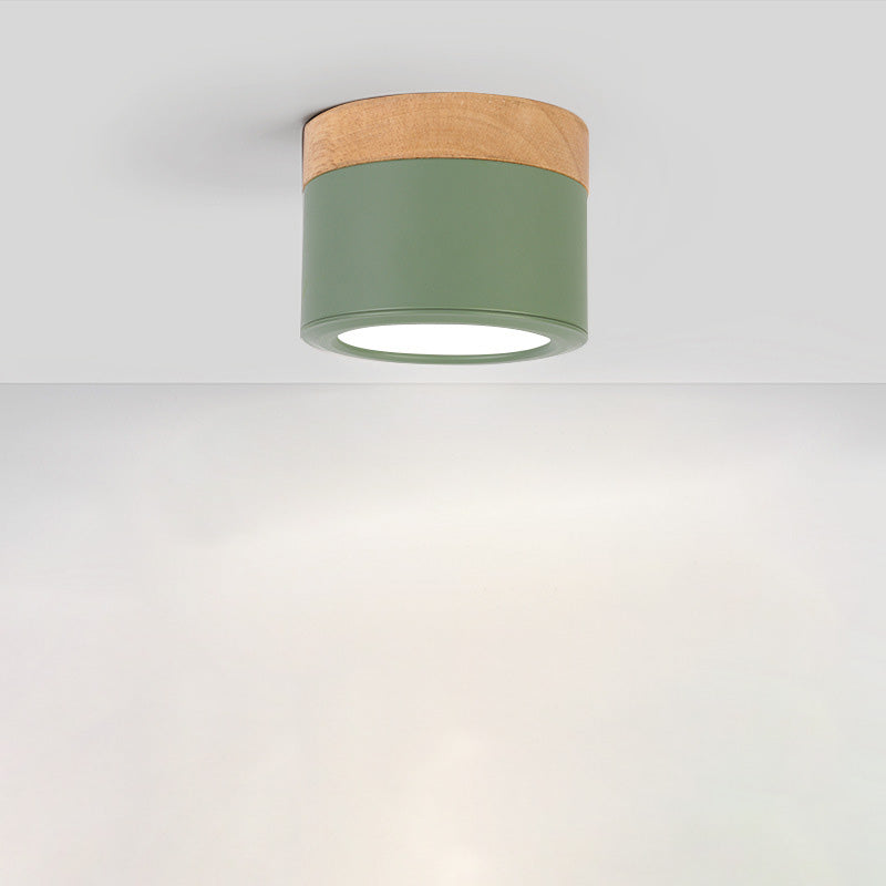 Contemporary Scandinavian Wood Iron Acrylic Cylinder LED Flush Mount Ceiling Light For Hallway