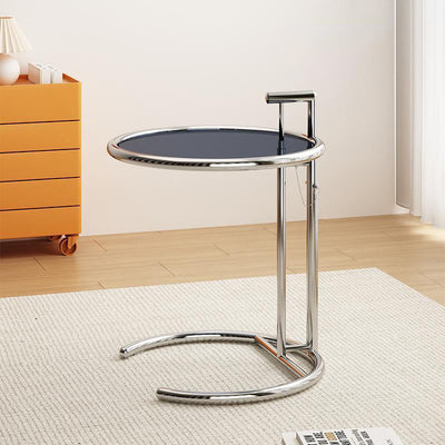 Modern Minimalist Round Tabletop Stainless Steel Tempered Glass Side Table Extendable For Living Room