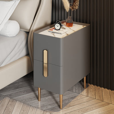 Contemporary Scandinavian Rectangular Tabletop Rock Plate Metal Stainless Steel Nightstand 2-Drawer For Bedroom