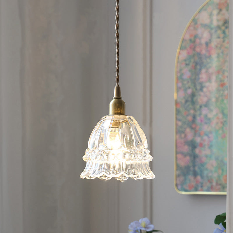 Traditional French Pastoral Walnut Jellyfish Glass Shade 1-Light Pendant Light For Living Room