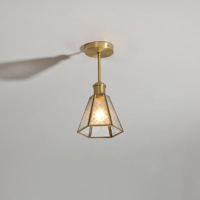 French Vintage Copper Gold Finish Frame Polygonal Glass 1-Light Semi-Flush Mount Ceiling Light