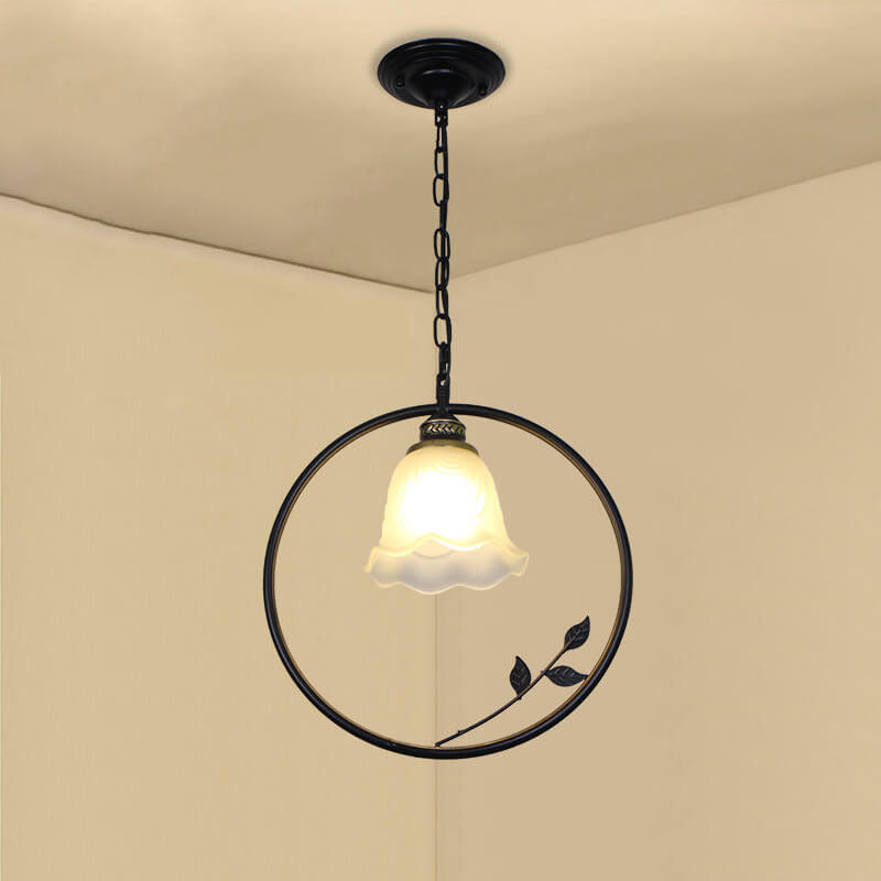 Creative Flower Bud Glass Shade Circle Ring Wrought Iron 1-Light Pendant Light