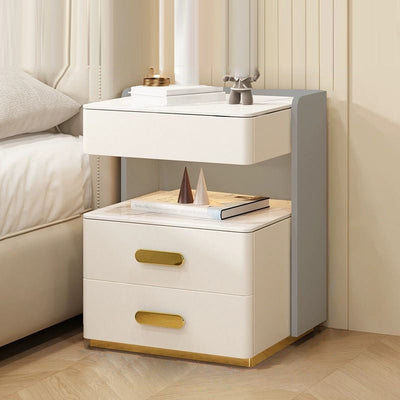 Contemporary Luxury Rectangular Rock Slab Solid Wood Leather Nightstand 2-Drawer For Bedroom