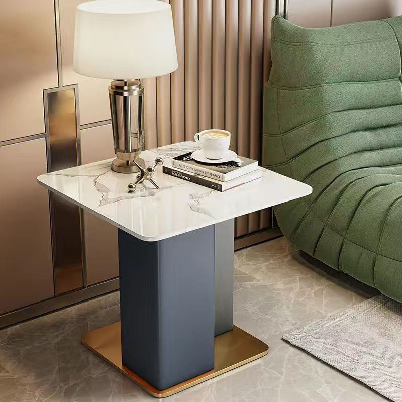 Contemporary Scandinavian Square Column Slate Leather Wood Carbon Steel End Table For Living Room