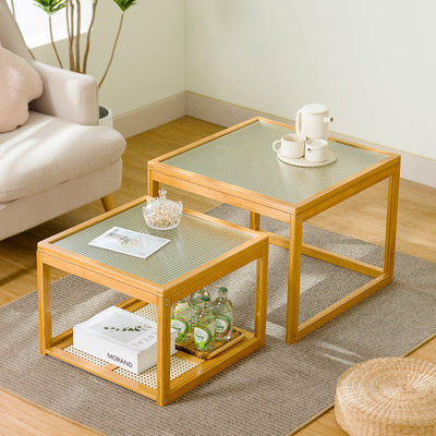 Traditional Japanese Square Wood Acrylic Coffee Table 1/2-Tier For Living Room