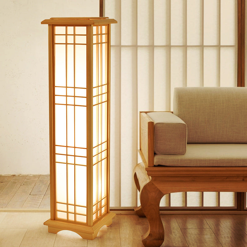 Traditional Japanese Wood Acrylic Pillar Rectangular 1/2/3 Light Standing Floor Lamp For Bedroom