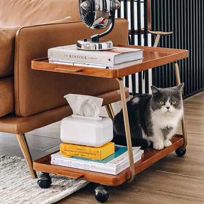 Contemporary Retro Rectangular Rubber Wood Stainless Steel Movable Side Table 2-Tier For Living Room