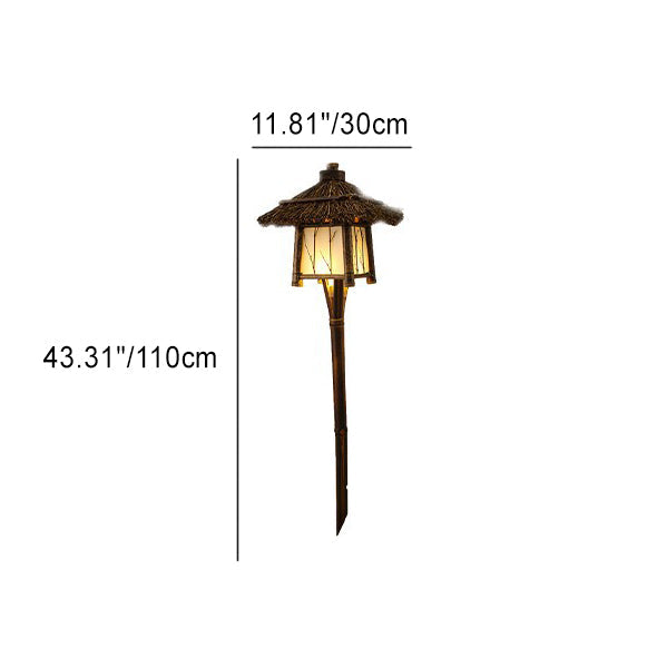 Traditional Rustic Four Corner House Bamboo Steel LED Outdoor Landscape Light For Garden