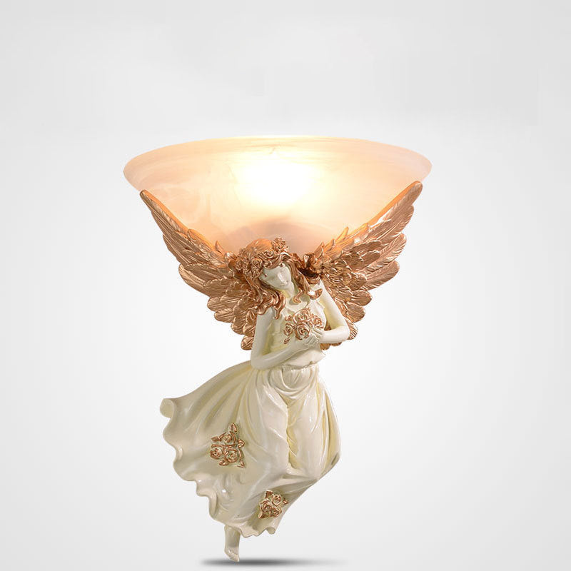 Traditional European Resin Angel Wing Glass Cup Shade 1-Light Wall Sconce Lamp For Living Room