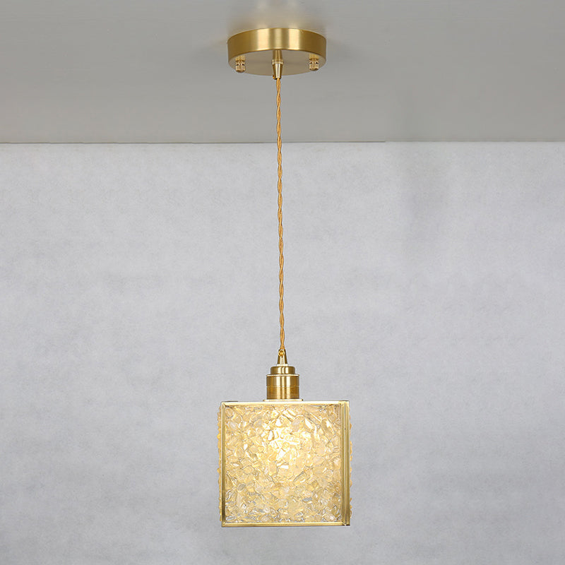 Modern Luxury Square Cube Gold Copper Frame Glass Shade 1-Light Pendant Light For Living Room