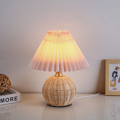 Contemporary Nordic Rattan Fabric Pleated Conic Ball LED Table Lamp For Bedroom