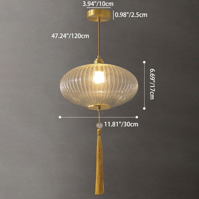 Traditional Chinese Lantern Spherical Copper Glass 1-Light Pendant Light For Bedroom