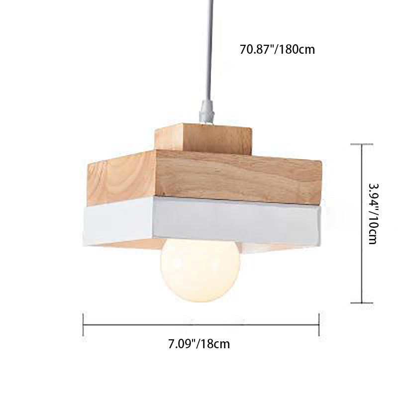 Contemporary Scandinavian Square Iron Wood 1-Light Pendant Light For Living Room