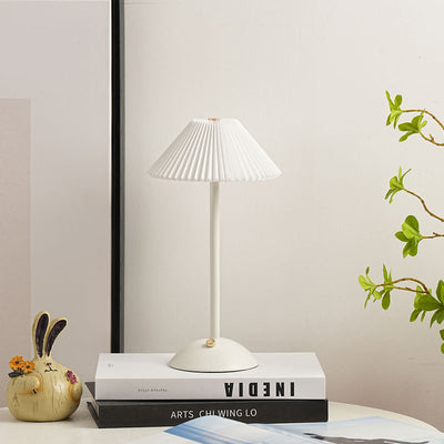 Contemporary Scandinavian Rechargeable Iron Fabric Conic Pleated LED Table Lamp For Bedside