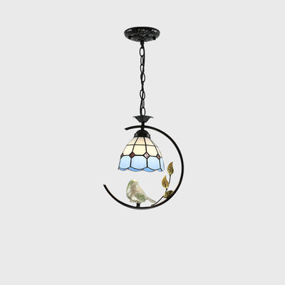 Traditional Tiffany Mediterranean Stained Glass Bird Decoration 1-Light Pendant For Living Room