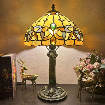 Traditional Tiffany Metal Hardware Glass Semicircular Dragonfly Flower Water Drop 1-Light Table Lamp For Bedroom