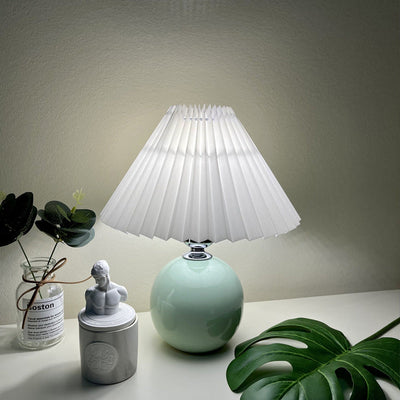 Modern Minimalist Round Fabric Pleated Ceramic LED Table Lamp For Bedroom