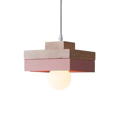 Modern Minimalist Macaron Square Iron Wood 1-Light Pendant Light For Living Room