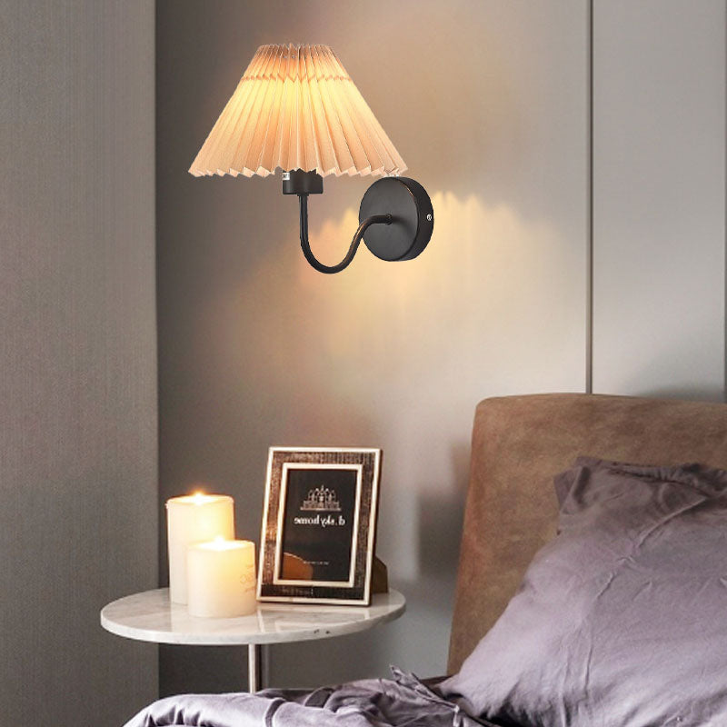 Modern Minimalist Pleated Disc Base Iron Fabric 1-Light Wall Sconce Lamp For Bedroom