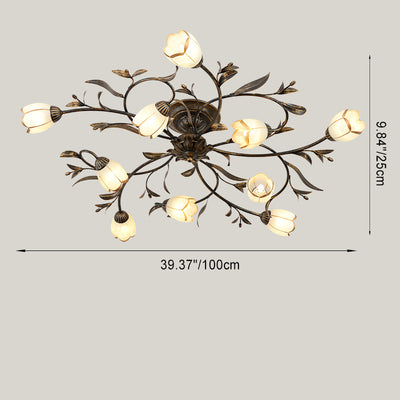 Traditional French Flower Shaped Iron Glass 4/6/8/10/12 Light Semi-Flush Mount Ceiling Light For Bedroom