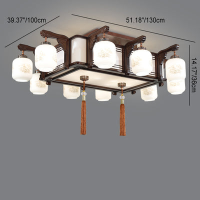 Traditional Chinese Wood Acrylic Glass Round Rectangular Lantern 6/8/10 Light Flush Mount Ceiling Light For Living Room