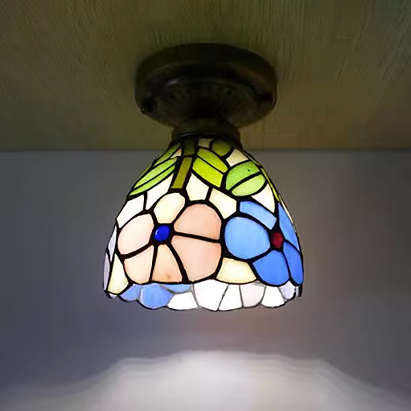 Traditional Tiffany Dome Iron Glass 1-Light Semi-Flush Mount Ceiling Light For Living Room